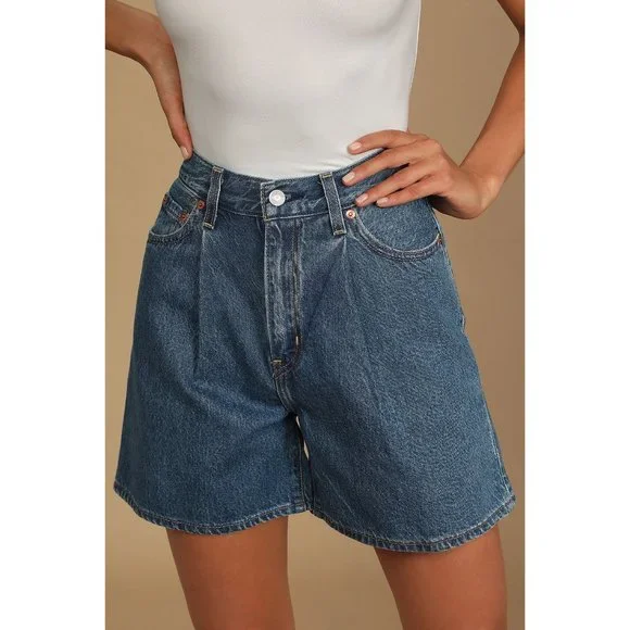 Levi's Pleated Ribcage Denim Shorts Ultra High Rise Waisted Preppy Now And Then - Picture 3 of 15